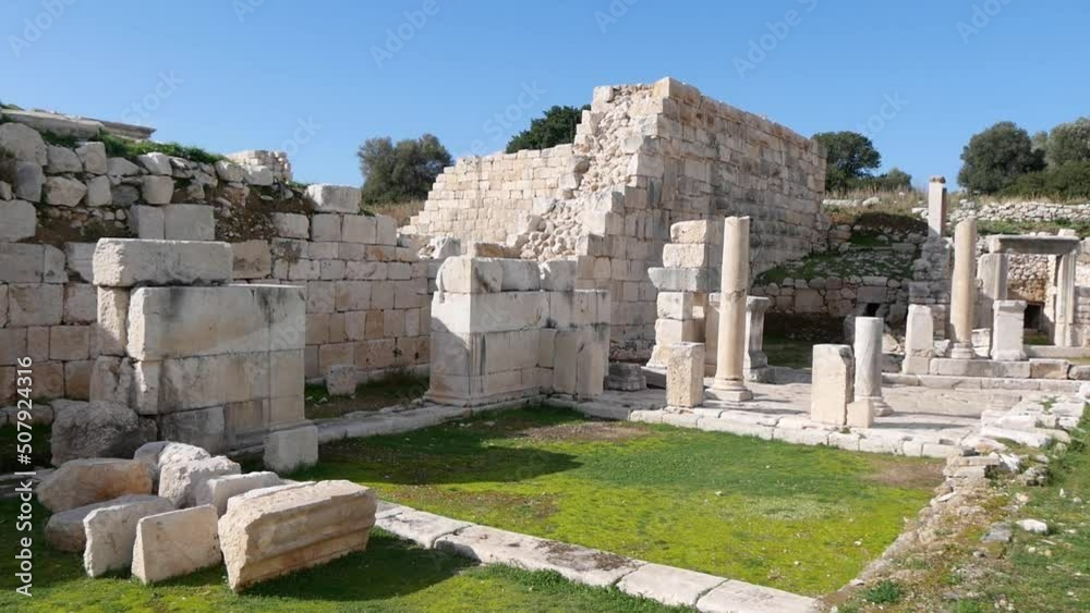 View Of The Ancient Greek Buildings Ruins With Columns At The Archeological Site View Of The Ancient Greek Buildings Ruins With Columns At The Archeological Site