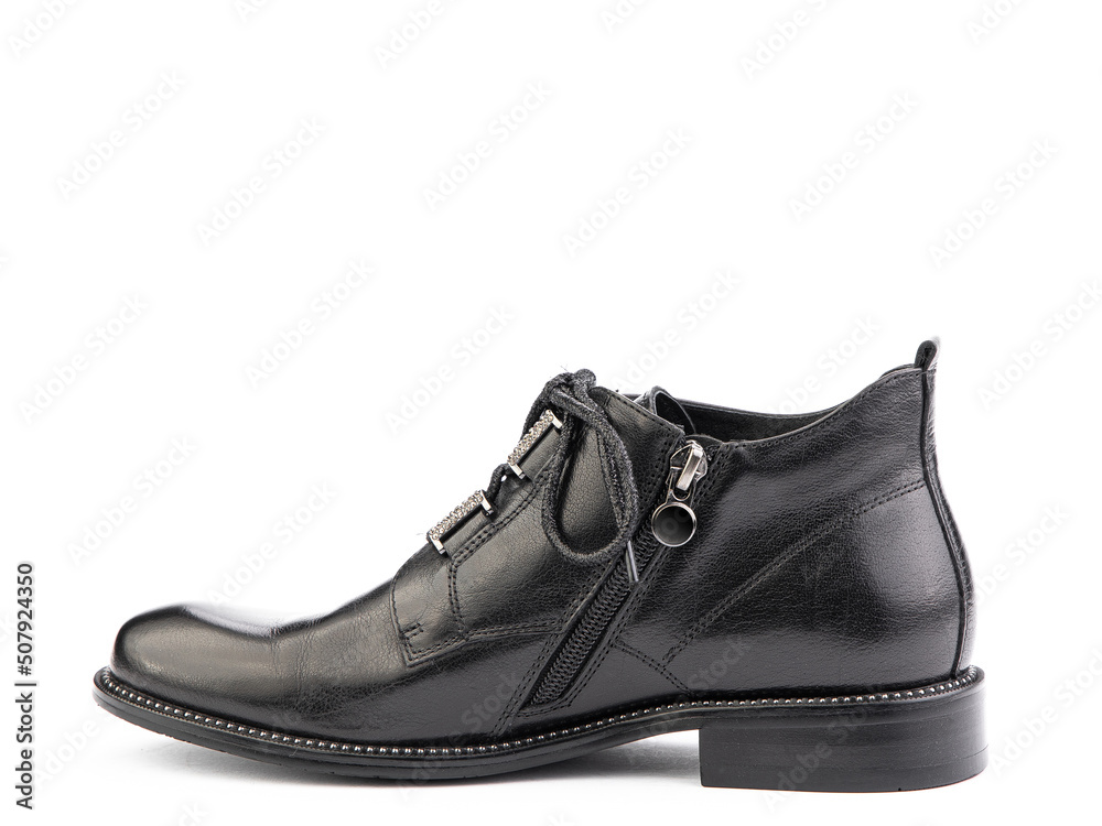 Men's autumn black leather jodhpur boots with laces and average heels, isolated white background. Left side view. Fashion shoes. Men's autumn black leather jodhpur boots with laces and average heels, isolated white background. Left side view. Fashion shoes.