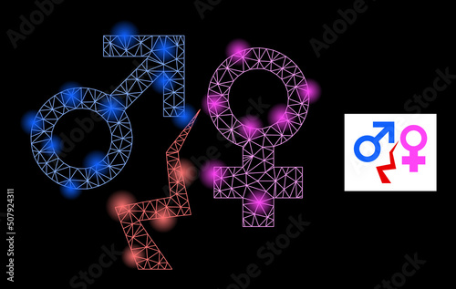 Flare network divorce glare icon with light spots. Illuminated vector model is created from divorce glyph. Sparkle frame mesh divorce on a black background. Linear frame 2D network in vector format.
