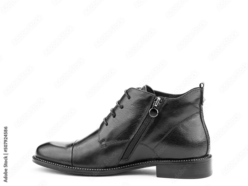 Men's autumn black leather jodhpur boots with laces and average heels, isolated white background. Left side view. Fashion shoes. Men's autumn black leather jodhpur boots with laces and average heels, isolated white background. Left side view. Fashion shoes.