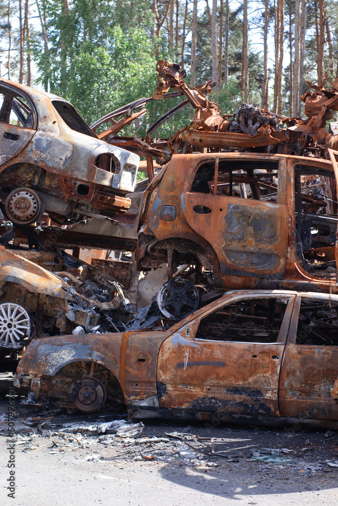 Fototapeta premium war in ukraine. Car graveyard. Shot cars of civilians. russia's war against Ukraine. Burnt and blown up car. Cars damaged after shelling. irpin bucha. war crimes