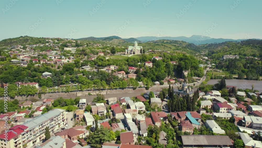 aerial view of Kutaisi city, river Rioni and Bagrati cathedral, Imereti region, Georgia. High quality 4k footage aerial view of Kutaisi city, river Rioni and Bagrati cathedral, Imereti region, Georgia. High quality 4k footage