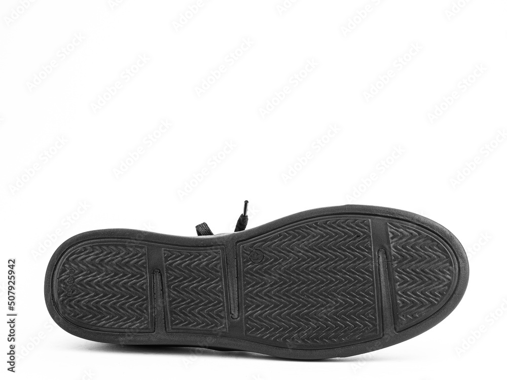 Sole for shoes, bottom view. Shoe sole close-up isolated on white background. place for text. Element of boots. Concept of production of shoe.