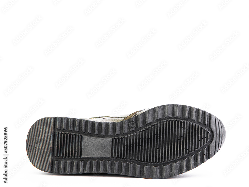 Sole for shoes, bottom view. Shoe sole close-up isolated on white background. place for text. Element of boots. Concept of production of shoe.