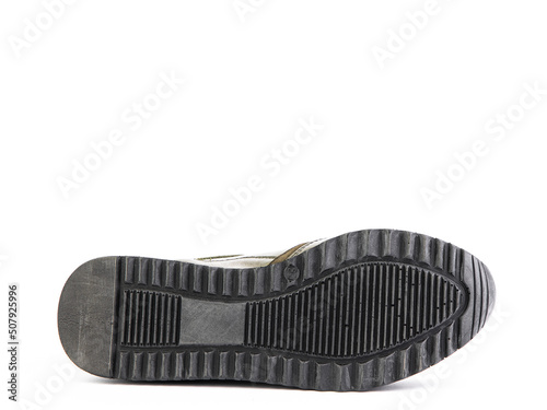 Obraz na płótnie Sole for shoes, bottom view. Shoe sole close-up isolated on white background. place for text. Element of boots. Concept of production of shoe. w salonie