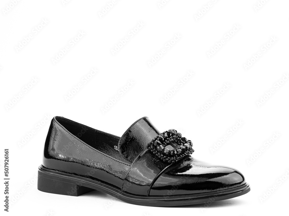 Vintage Women's Loafer Shoes. Closeup. Advertising shot. Leather shoes. Concept closeup shoes. Isolated object close up on white background.