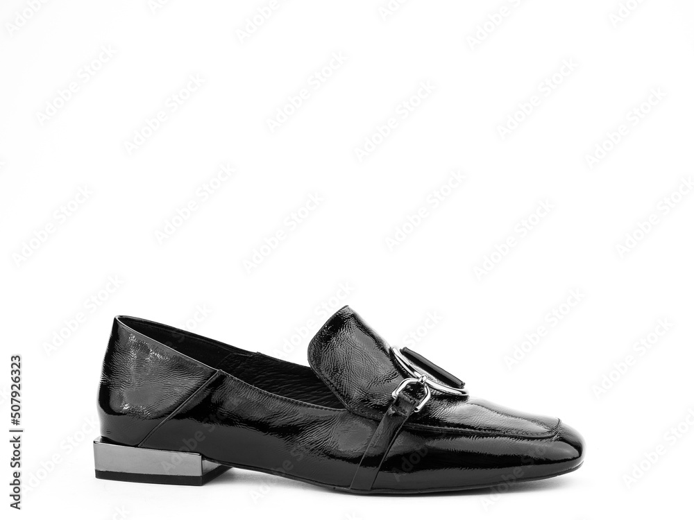 Vintage Women's Loafer Shoes. Closeup. Advertising shot. Leather shoes. Concept closeup shoes. Isolated object close up on white background.