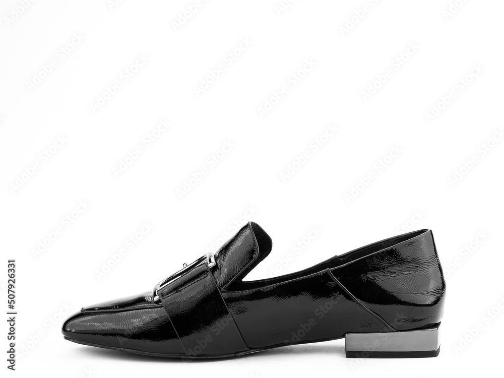 Vintage Women's Loafer Shoes. Closeup. Advertising shot. Leather shoes. Concept closeup shoes. Isolated object close up on white background.