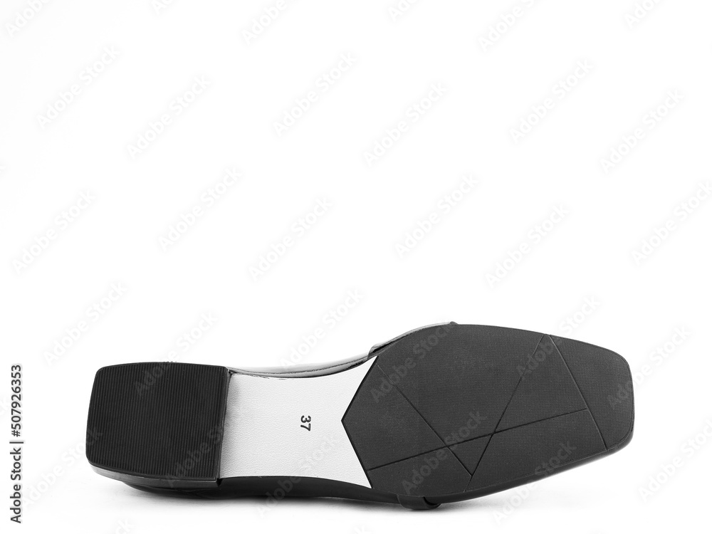 Sole for shoes, bottom view. Shoe sole close-up isolated on white background. place for text. Element of boots. Concept of production of shoe. Sole for shoes, bottom view. Shoe sole close-up isolated on white background. place for text. Element of boots. Concept of production of shoe.