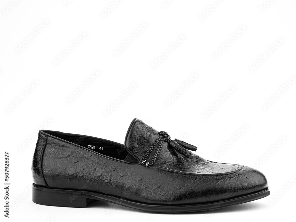 Vintage Men's Loafer Shoes. Closeup. Advertising shot. Leather shoes. Concept closeup shoes. Isolated object close up on white background.