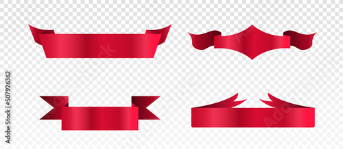 Set of red ribbons. Place for text and graphic elements to decorate website. Template, mockup or layout. Design for cups. Cartoon isometric vector illustrations isolated on transparent background