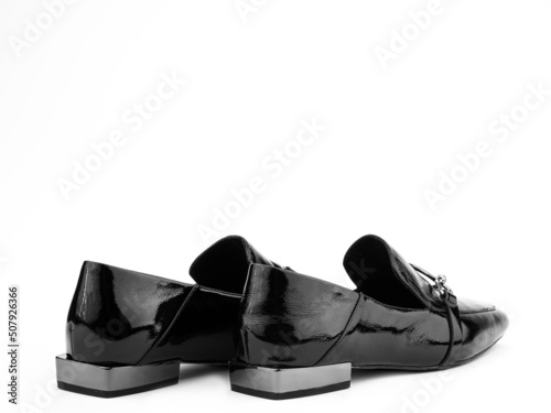 Obraz na płótnie Vintage Women's Loafer Shoes. Closeup. Advertising shot. Leather shoes. Concept closeup shoes. Isolated object close up on white background. w salonie