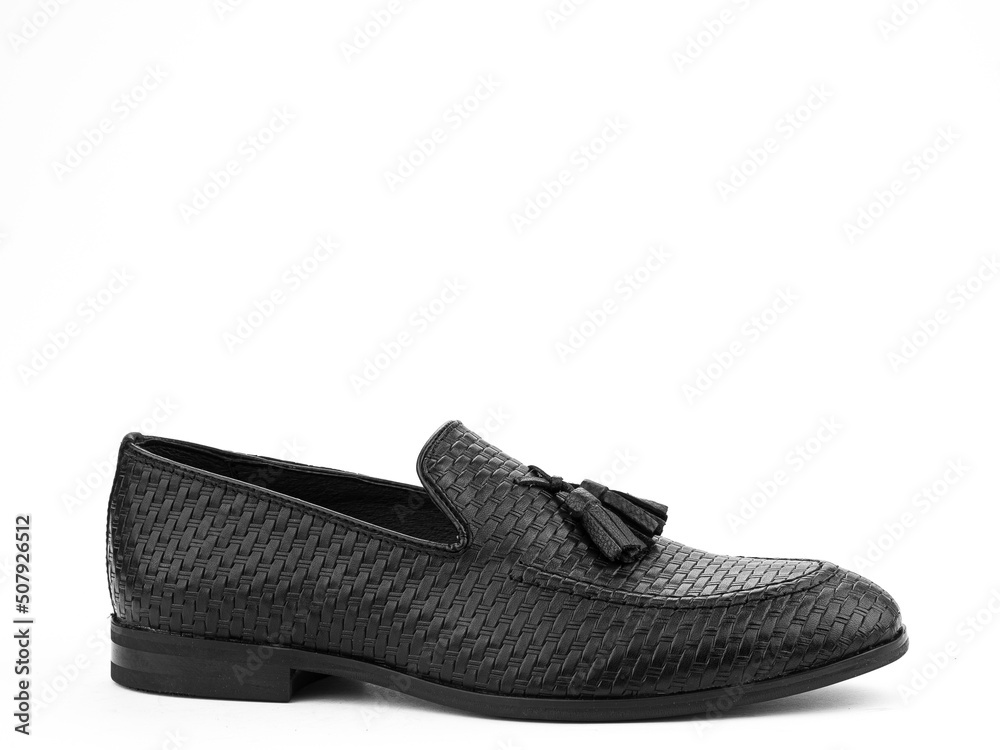 Vintage Men's Loafer Shoes. Closeup. Advertising shot. Leather shoes. Concept closeup shoes. Isolated object close up on white background.