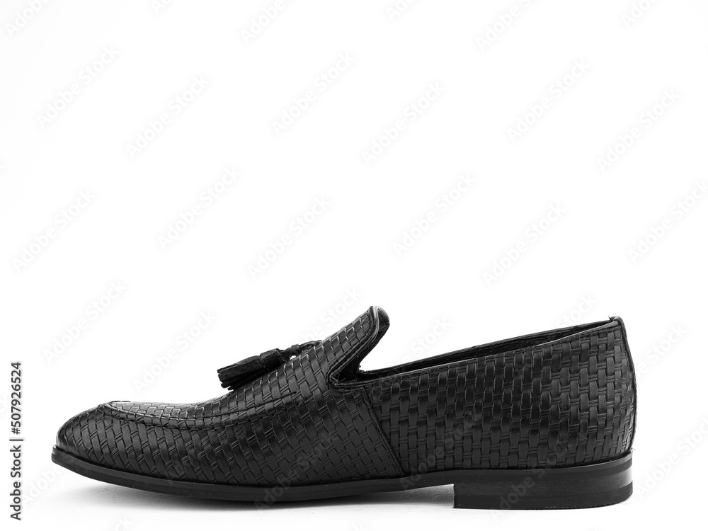 Vintage Men's Loafer Shoes. Closeup. Advertising shot. Leather shoes. Concept closeup shoes. Isolated object close up on white background.