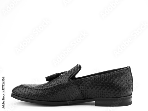 Obraz na płótnie Vintage Men's Loafer Shoes. Closeup. Advertising shot. Leather shoes. Concept closeup shoes. Isolated object close up on white background. w salonie