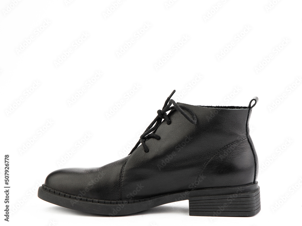 Men's autumn black leather jodhpur boots with laces and average heels, isolated white background. Left side view. Fashion shoes. Men's autumn black leather jodhpur boots with laces and average heels, isolated white background. Left side view. Fashion shoes.