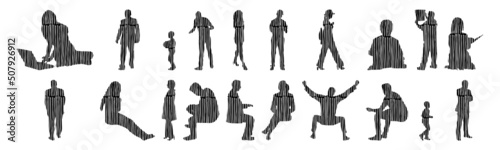 Vector silhouettes, Outline silhouettes of people, Contour drawing, people silhouette, Icon Set Isolated, Silhouette of sitting people, Architectural set	
