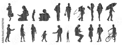 Vector illustration, Outline silhouettes of people, Contour drawing, people silhouette, Icon Set Isolated, Silhouette of sitting people, Architectural set	

