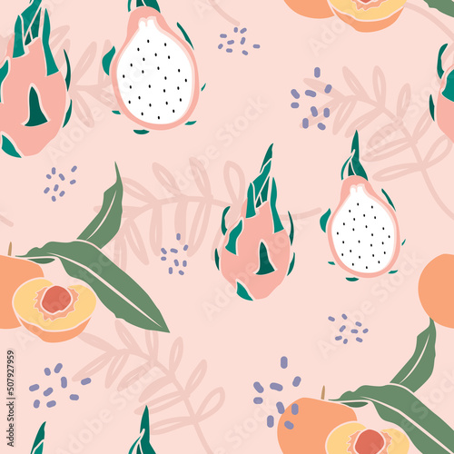 seamless pattern of dragon fruit and peach with abstract background