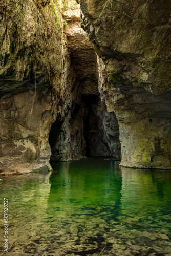 Underground cave, grotto with green lake. Gruta do Anjo, Socorro. Angel's grotto. © Roger