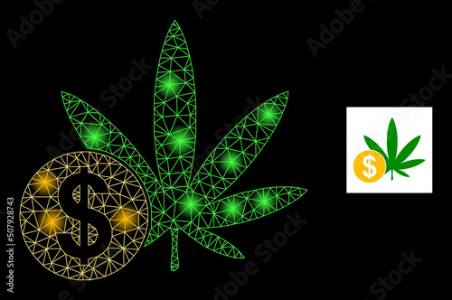 Flare mesh cannabis price glare icon with lightspots. Illuminated vector model based on cannabis price glyph. Sparkle frame mesh cannabis price on a black background.