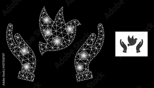 Glowing mesh dove care hands constellation icon with light spots. Illuminated vector model based on dove care hands icon. Sparkle carcass mesh dove care hands on a black background.