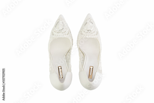 Classic and elegant high-heeled women shoes. Isolated object close up on white background. Top view. Fashion shoes.