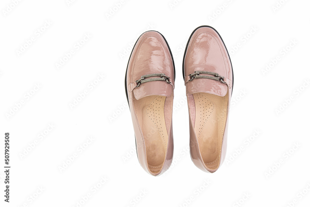 Vintage Loafer Shoes. Closeup. Advertising shot. Concept closeup shoes. Isolated object close up on white background. Top view.