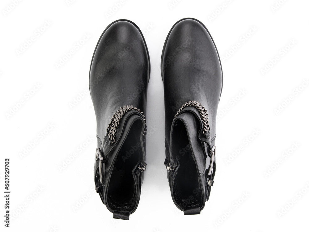 black leather jodhpur boots isolated on white background. Top view. Fashion shoes. Photoshoot for shoe shop concept.