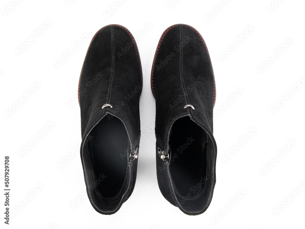 black leather jodhpur boots isolated on white background. Top view. Fashion shoes. Photoshoot for shoe shop concept.