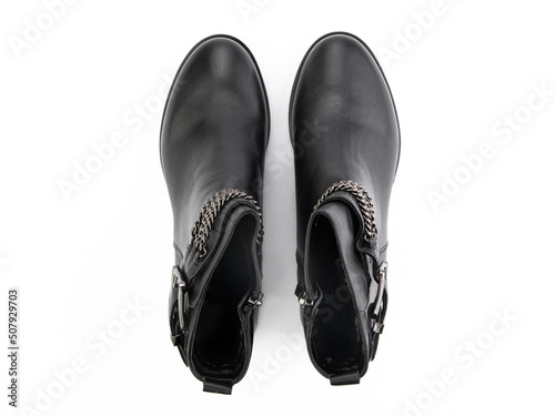 black leather jodhpur boots isolated on white background. Top view. Fashion shoes. Photoshoot for shoe shop concept.