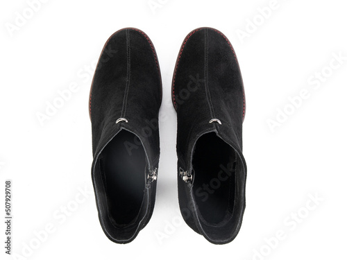 black leather jodhpur boots isolated on white background. Top view. Fashion shoes. Photoshoot for shoe shop concept.