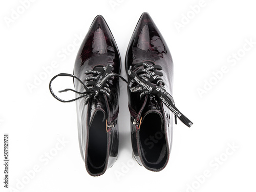 black leather jodhpur boots isolated on white background. Top view. Fashion shoes. Photoshoot for shoe shop concept.