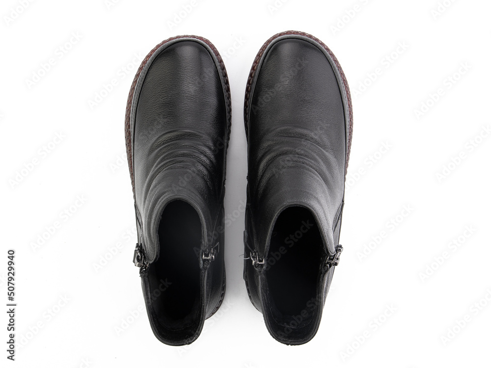 black leather jodhpur boots isolated on white background. Top view. Fashion shoes. Photoshoot for shoe shop concept.