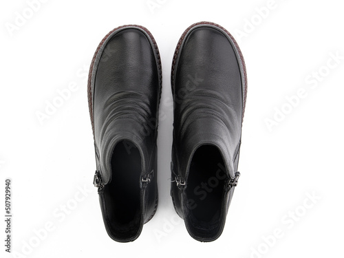 Obraz na płótnie black leather jodhpur boots isolated on white background. Top view. Fashion shoes. Photoshoot for shoe shop concept. w salonie