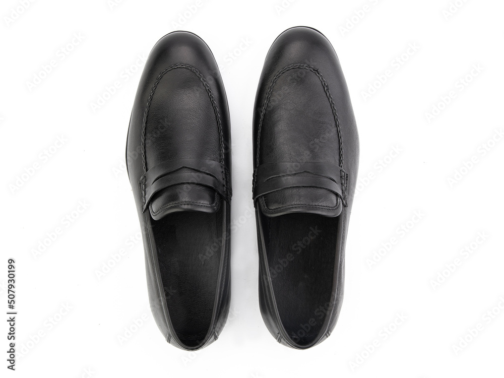 Vintage Loafer Shoes. Closeup. Advertising shot. Concept closeup shoes. Isolated object close up on white background. Top view.