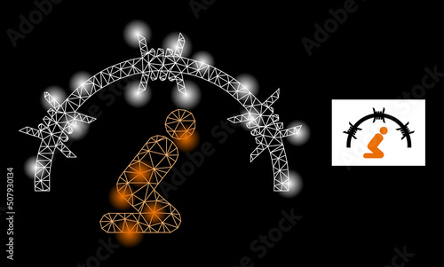 Glowing mesh detention camp constellation icon with light spots. Illuminated vector constellation is created from detention camp icon. Sparkle frame polygonal detention camp on a black background.