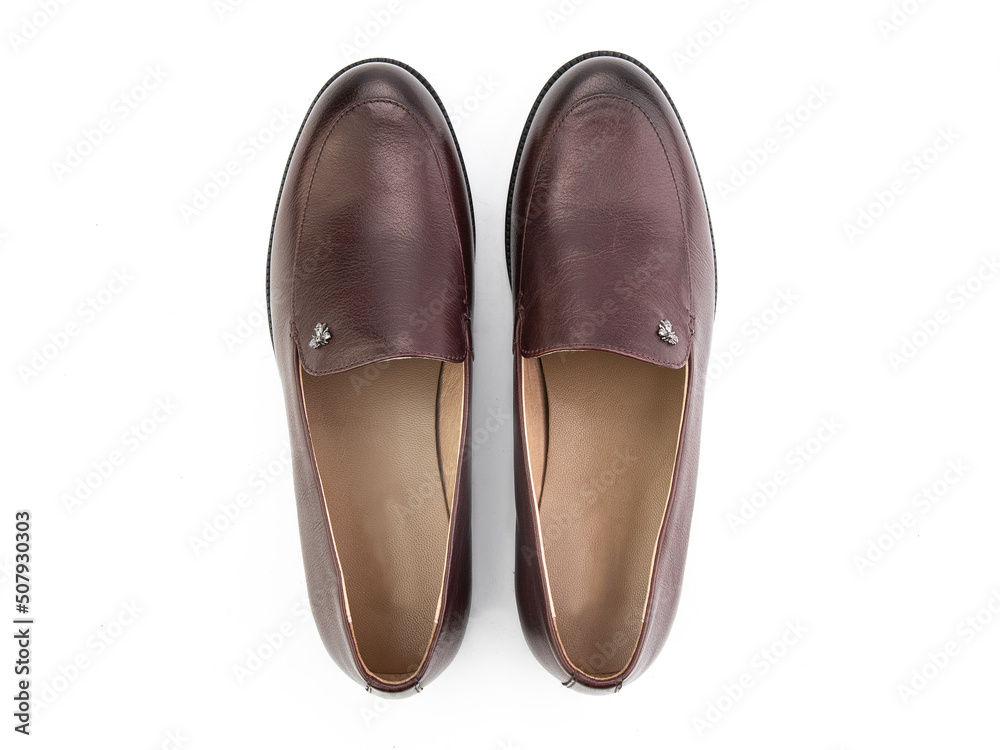Vintage Loafer Shoes. Closeup. Advertising shot. Concept closeup shoes. Isolated object close up on white background. Top view.