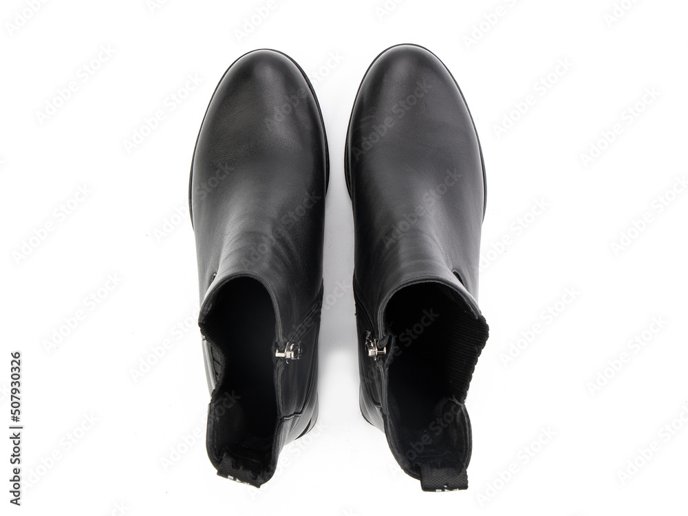 black leather jodhpur boots isolated on white background. Top view. Fashion shoes. Photoshoot for shoe shop concept.