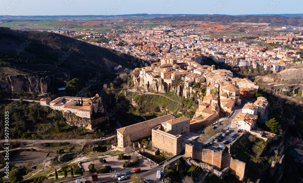 Fototapeta premium Scenic aerial cityscape of old town of Cuenca on hill, east-central Spain