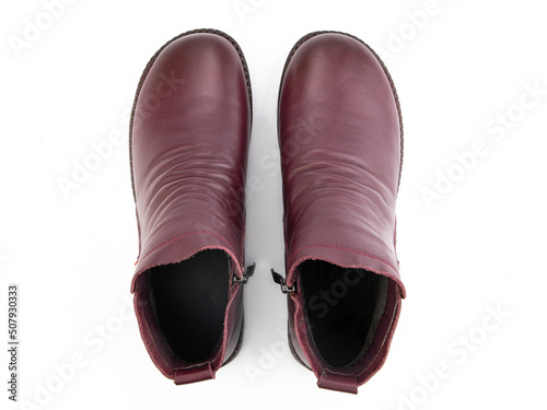 Obraz na płótnie jodhpur boots isolated on white background. Top view. Fashion shoes. Photoshoot for shoe shop concept. w salonie