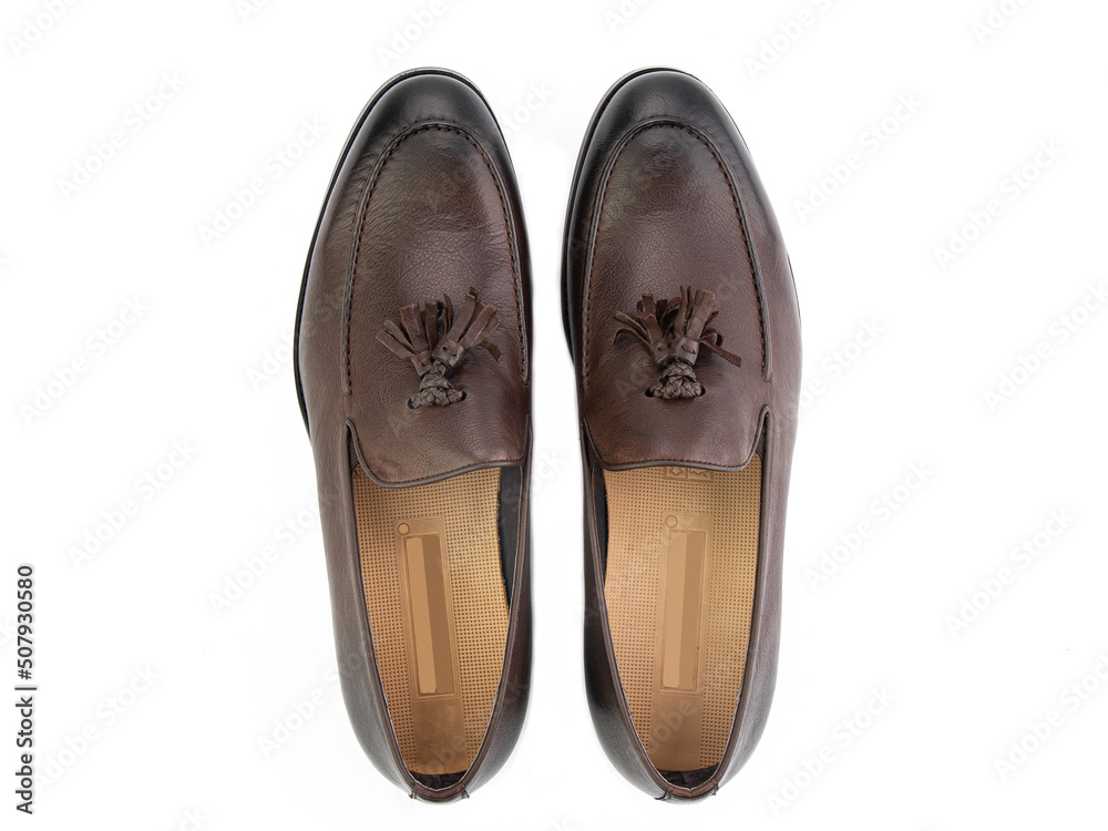 Vintage Loafer Shoes. Closeup. Advertising shot. Concept closeup shoes. Isolated object close up on white background. Top view.