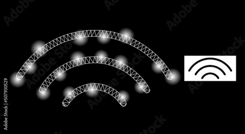 Flare net wireless waves constellation icon with light spots. Illuminated vector constellation based on wireless waves icon. Sparkle carcass polygonal wireless waves on a black background.