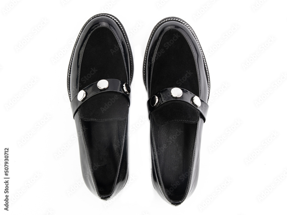 Vintage Loafer Shoes. Closeup. Advertising shot. Concept closeup shoes. Isolated object close up on white background. Top view.
