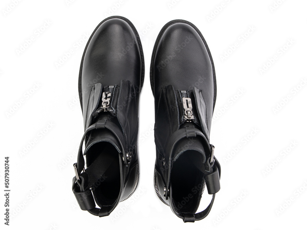 black leather jodhpur boots isolated on white background. Top view. Fashion shoes. Photoshoot for shoe shop concept.