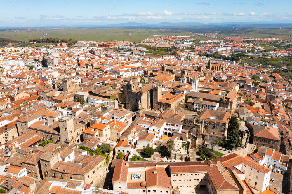 Drone view of the administrative center and residential areas of the city of Caceres, Spain