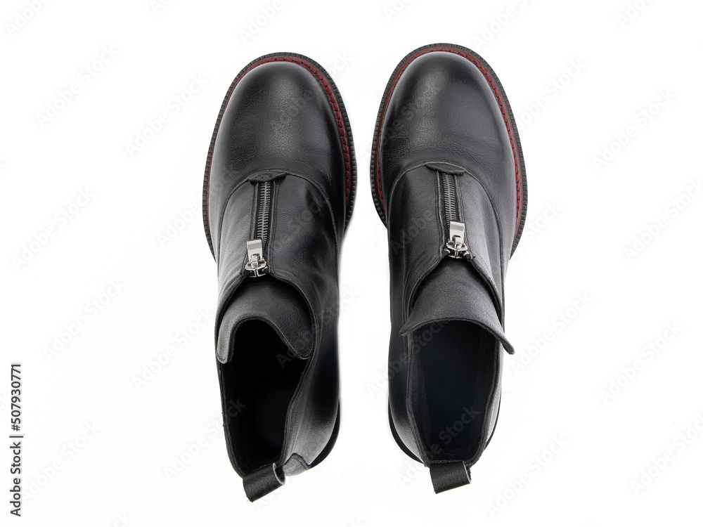 black leather jodhpur boots isolated on white background. Top view. Fashion shoes. Photoshoot for shoe shop concept.