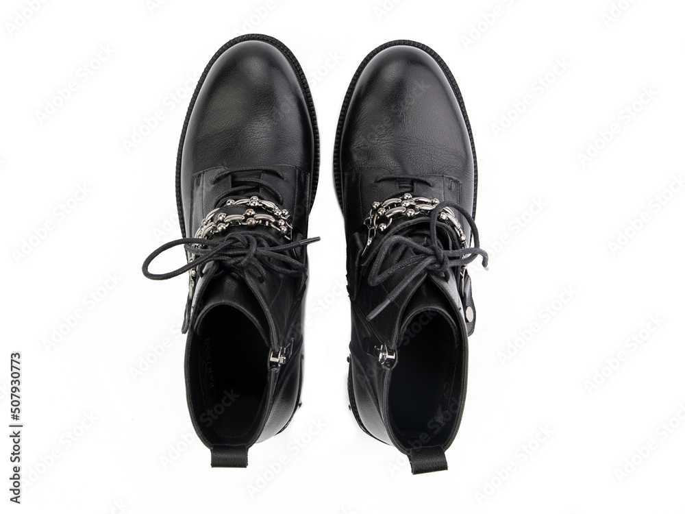 black leather jodhpur boots isolated on white background. Top view. Fashion shoes. Photoshoot for shoe shop concept.