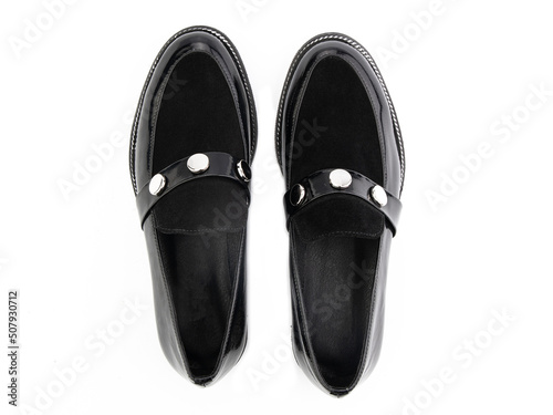Obraz na płótnie Vintage Loafer Shoes. Closeup. Advertising shot. Concept closeup shoes. Isolated object close up on white background. Top view. w salonie