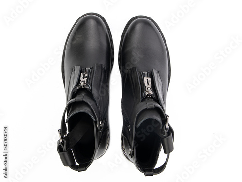 Obraz na płótnie black leather jodhpur boots isolated on white background. Top view. Fashion shoes. Photoshoot for shoe shop concept. w salonie